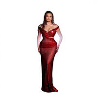 Robe de Soirée Longue de Luxe pour Femme, Col en V, Rouge, Taille Mi-Haute, Pailletée, Idéale pour les Soirées et les Défilés