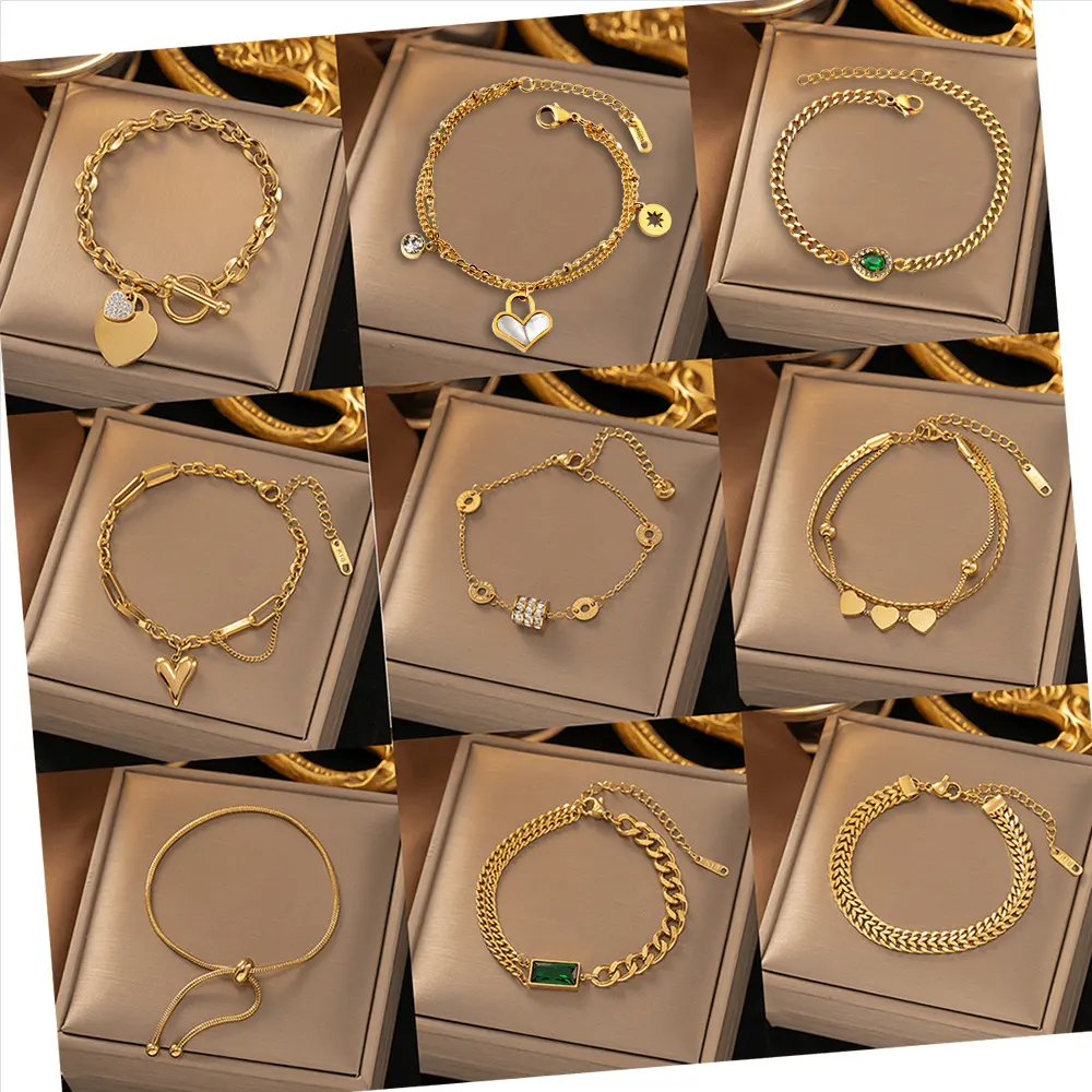 Oem Gepersonaliseerde Vrouwen Heren Waterdichte Zirkonia Hart Armbanden 18K Goud Lated Roestvrij Staal Cubaanse Ketting Armband Voor Vrouwen