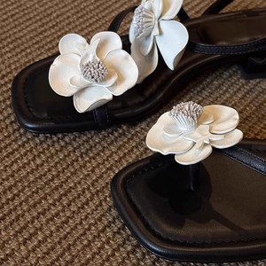 Sandales plates pour femmes, été, bout ouvert, décoration florale, cuir véritable, sangle souple, sangle arrière, tendance mode - Product Image 3