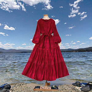 Estate donna stile romano con scollo a V tunica Casual abito Midi maniche a lanterna impero abito in pizzo cavo solido modello frontale sostenibile - Product Image 3