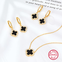 Juxian 925 Sterling Silber Minimalistisches Vierblättriges Kleeblatt Halskette und Ohrringe Set mit Eingelegtem Schwarzem Onyx Brillantschliff Rhodium 18K Gold