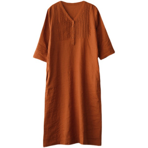 Abiti Estivi da Donna Casual Novità 2025 Stile Vintage Scollo a V Tinta Unita Larghi in Lino Mezza Manica Lunghi - Product Image 5