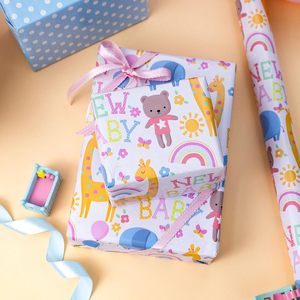Papel de regalo neutro para baby shower con diseños de oso y jirafa de dibujos animados, impresión a doble cara, personalizable. - Product Image 2