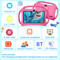 Tablette Android 12 YP 7 pouces pour enfants 2 Go + 32 Go MTK Quad Core Batterie 3000 mAh Wi-Fi Résolution 1024x600 Caméra 0,3 MP + 2 MP