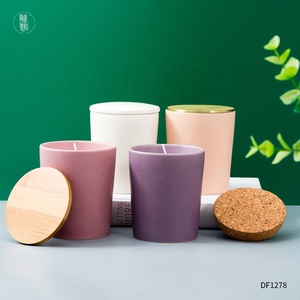Custom logo luxury wedding bulk cylinder candle vessel ceramic matte candle jars with cork wooden lid
