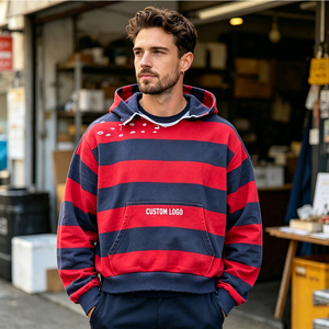 Sudadera con Capucha Personalizada para Hombre, Corte Holgado, Rayas, Cuello con Borde Deshilachado, Algodón Grueso, Estilo Urbano, OEM ODM - Product Image 3