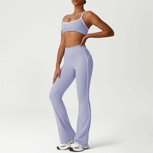 2025 Hot Sale Women's Contrast Color Casual <strong>Sport</strong> Exercise Sets <strong>White</strong> Line Trim <strong>Bra</strong> Flared Pants Gym Yoga 2pieces Fitness Sets - Product Image 4