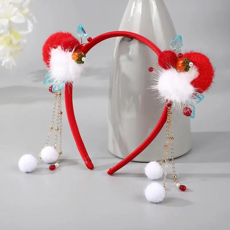 HY festivo rojo Hanfu sombreros niños bebé lindo Bola de Pelo oreja diadema estilo chino festivo vacaciones accesorios para el cabello