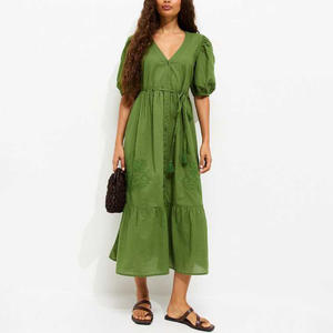 Vestido Elegante Personalizado para Mujer, con Bordado Floral, Corte en A, Casual, de Algodón, Cuello en V, Mangas Abullonadas, Tipo Camisero, con Cinturón - Product Image 5