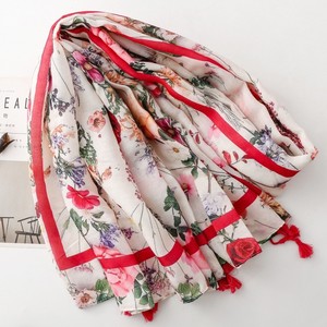 High Quality Elegant Floral Pattern Printed Shawls Summer Tropical <b>Leaf</b> Hand-made Tassels Viscose Cotton Printed Fringed Scarf - Product Image 1