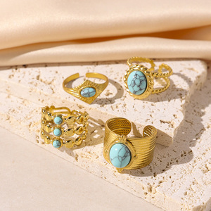 Geometric <b>Turquoise</b> <b>Ring</b> Gold Plated Stainless Steel Women's Fashion Jewelry Party Occasion Bezel Setting - Product Image 1