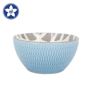 New Design Pad Printing Ceramic Bowl 6'' Blue Ceramic Emboss Bowls for Noodles