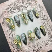 Faux ongles carrés courts à presser, en acrylique, faits à la main, motif vert peint à la main, pour femmes