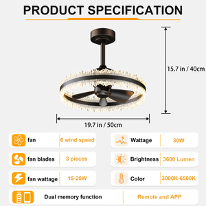 19.7'' Black Crystal Ceiling Fan <b>Light</b> APP & Remote Reversible 6‑Speed Silent 3000K‑6500K Dimmable Memory <b>Timer</b> for Bedroom - Product Image 6