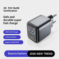 Chargeur GaN 45W avec écran intelligent IA, adaptateur rapide, port Type-C, charge rapide pour ordinateurs portables, téléphones et tablettes