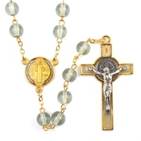 Chapelet Doré Perles en Verre Blanc 8mm Saint Benoît, Rosaires Catholiques, Collier Croix