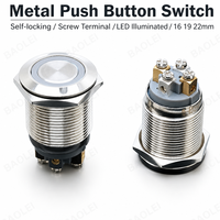 Interrupteur à bouton-poussoir en métal éclairé par LED, étanche IP65, 22 mm, 1NO, 12 V, avec bornes à vis, type à verrouillage, 3A