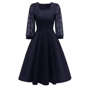 C CLOTHING High Quality Women Bodycon Dress Long Sleeve Dresses New Style Flared A-Line Lace Satin Dress