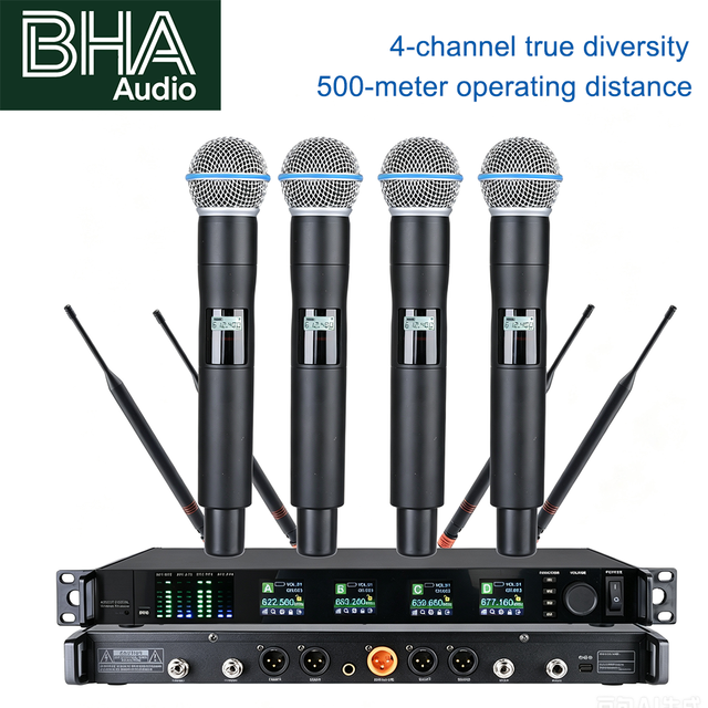 BHA Y-6004 4 Channel UHF True Diversity Wireless Microphone System 500M 4 Handheld Wireless Mic for Stage Church Conference OEM
