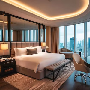 ชุดเฟอร์<span class=keywords><strong>นิ</strong></span>เจอร์ห้องพักโรงแรมผ้าหุ้มแบบพรีเมียมสั่งทำพิเศษ ดีไซน์ทันสมัย พร้อมเตียงคิงไซส์สุดหรู สำหรับโรงแรมและรีสอร์ทระดับ 5 ดาว ไม่สามารถพับได้ - Product Image 1