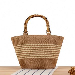 Bolso de mano de paja tejida con asa de bambú y rayas de colores contrastantes para mujer, ideal para el verano y la playa, venta al por mayor. - Product Image 6