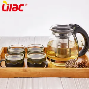 Lilac BSCI SGS LFGB good after sale service side black handle flat cover glass filter tea pot