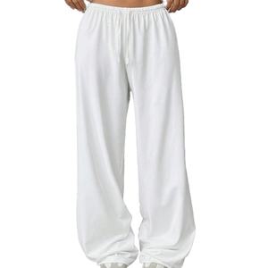 Pantalon large noir à taille élastique, couleur unie, léger, pour femmes, personnalisable OEM, pour un usage quotidien décontracté - Product Image 2