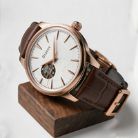 Jam Tangan Mekanik Vintage Pria dengan Jendela Tampilan Gerakan Mesin, Dial Pola Gelombang Perak, Tali Kulit Jahitan Tangan Cokelat