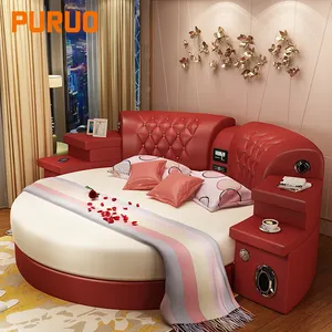 Yeni tasarım akıllı çok fonksiyonlu mobilya deri yuvarlak yatak kral Modern yuvarlak deri yatak