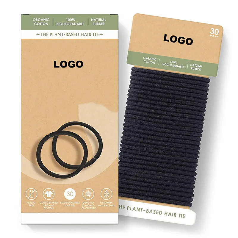 Supporto per coda di cavallo personalizzato all'ingrosso gomma nera eco-friendly biodegradabile cotone organico fascette per capelli fascia elastica per capelli per le donne