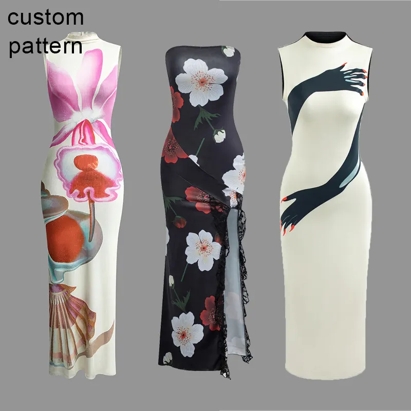 Vente en gros d'usine Huili, nouveauté, robe longue à imprimé floral pour femmes, robe d'été bohème, robe personnalisée en mousseline de polyester