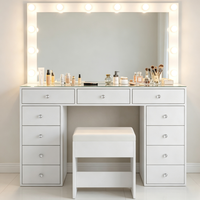Grande table de maquillage moderne blanche avec miroir éclairé, tabouret rembourré et 10 tiroirs multi-rangements