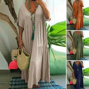 2025 primavera/estate stile europeo e americano nuovo abito svasato lungo multicolore multicolore irregolare con scollo a V - Product Image 1
