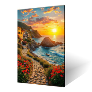 Paysage <span class=keywords><strong>marin</strong></span> méditerranéen moderne toile écologique B & C ART vibrant <span class=keywords><strong>paysages</strong></span> marins ensoleillés maisons côtières à flanc de falaise fleurs - Product Image 3