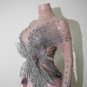 Body de scène personnalisé pour <span class=keywords><strong>femme</strong></span>, à manches longues, col en V profond, avec ailes en cristal 3D et strass intégral, en maille ombrée, style Showgirl, en stock - Product Image 4