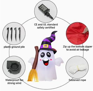 Decoración <span class=keywords><strong>de</strong></span> Halloween, Fantasma <span class=keywords><strong>con</strong></span> Sombrero <span class=keywords><strong>de</strong></span> <span class=keywords><strong>Bruja</strong></span> y Escoba, Modelo Inflable <span class=keywords><strong>con</strong></span> <span class=keywords><strong>Luz</strong></span> LED, Ambiente Espeluznante para el Jardín - Product Image 2
