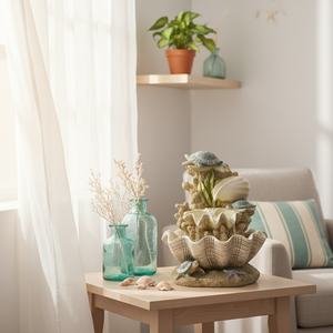 Fontana <span class=keywords><strong>d</strong></span>'<span class=keywords><strong>Acqua</strong></span> in Resina con Guscio di Tartaruga Marina Scolpito a Mano, Fontana Nautica Costiera con Tartaruga e Guscio di Vongola, Fornitura B2B all'Ingrosso - Product Image 1