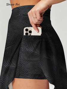 Women <strong>Black</strong> Embossed Texture <strong>Skort</strong> 3D Effect Graphic Athletic Tennis Skirt with Phone Pocket High Waisted Gym Wear - Product Image 3