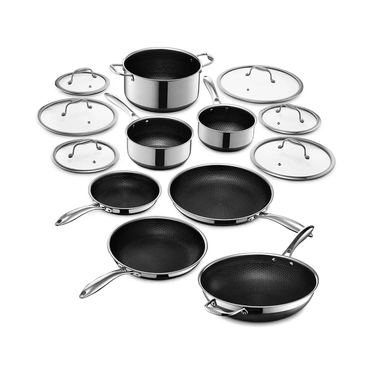 Set peralatan masak campuran HexClad, 13 buah dengan tutup wajan Stainless Steel 3 lapis, Set peralatan masak anti lengket sarang lebah baja tahan karat