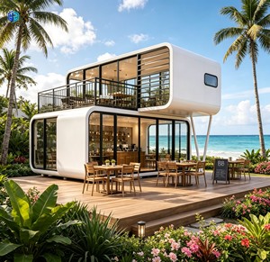 บ้านโครงสร้างเหล็กสำเร็จรูปแบบโมดูลาร์สองชั้นทรงแคปซูลของ Apple ดีไซน์ทันสมัย อาคารสำนักงานเชิงพาณิชย์ วิลล่า คาเฟ่ริมชายหาด - Product Image 1