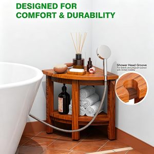Tabouret de salle de bain en teck en forme d'éventail, siège de douche d'angle double couche en bois massif triangulaire pour personnes âgées, utilisation dans la baignoire - Product Image 4