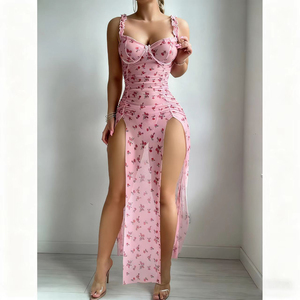 <span class=keywords><strong>Pigiama</strong></span> in Chiffon stampato Sexy di alta qualità Push up reggiseno trasparente perizoma in pizzo a fiori camicia da notte da <span class=keywords><strong>donna</strong></span> con spacco lungo abito da spiaggia - Product Image 3