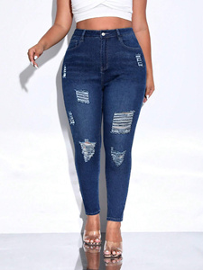 High Quality Elastic Tight <strong>Women's</strong> Destroyed <strong>Torn</strong> Denim Skinny Pencil Pants Summer Style with Logo at Waist Wholesale Low Price - Product Image 1