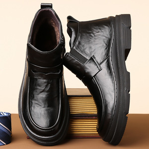 Bottines pour hommes en cuir véritable, à enfiler, talon plat, semelle en caoutchouc, couleur unie, chaussures décontractées chaudes toutes saisons - Product Image 2