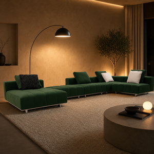 Sofá de Terciopelo Curvo Modular con Chaise Longue, Cojines Segmentados, Patas Metálicas Delgadas, Asiento Profundo, Perfil Bajo, para Sala de Estar, Villa o Apartamento - Product Image 1
