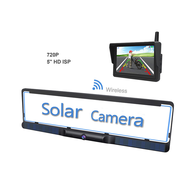 Wireless Vehicle 5 Inch Solar Reversing Aid European License Plate Frame 170 Degree Wide Rear View Hidden Camera