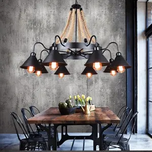 Lampes suspendues Vintage à une corde en chanvre, abat-jour en fer, rétro café et Bar, Style industriel, luminaires d'intérieur E27 avec chaîne