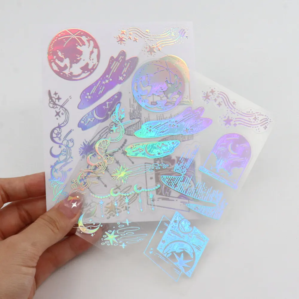 Pegatinas transparentes autoadhesivas de PVC personalizadas, Impresión de logotipo de corte de beso, hoja adhesiva de película láser holográfica