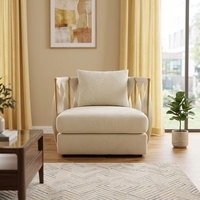 Fauteuil lounge carré design moderne, structure en bois massif, revêtement en velours et cuir, accoudoirs en métal doré, pour hôtel