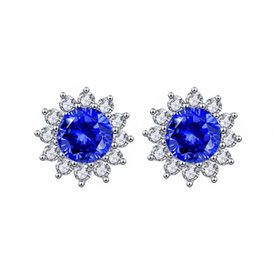 925 Sterling <b>Silver</b> Rhodium Plated Sapphire Oval Cut <b>Stud</b> <b>Earrings</b> Flower Design for Wedding Gift - Product Image 4